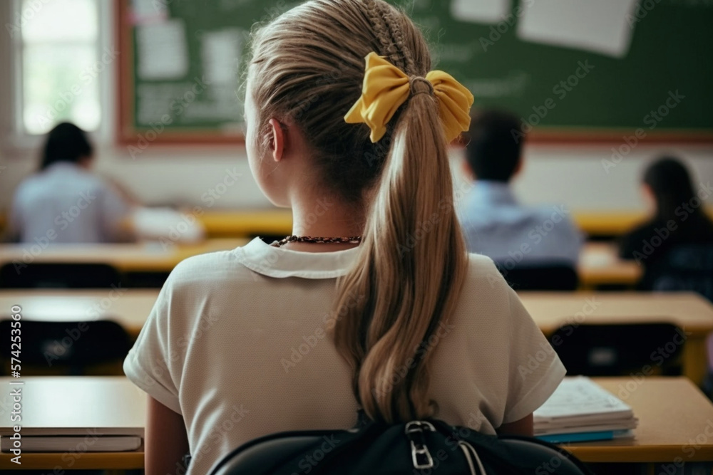 Schoolgirl sitting at a desk in the classroom. AI generated. Back view ...