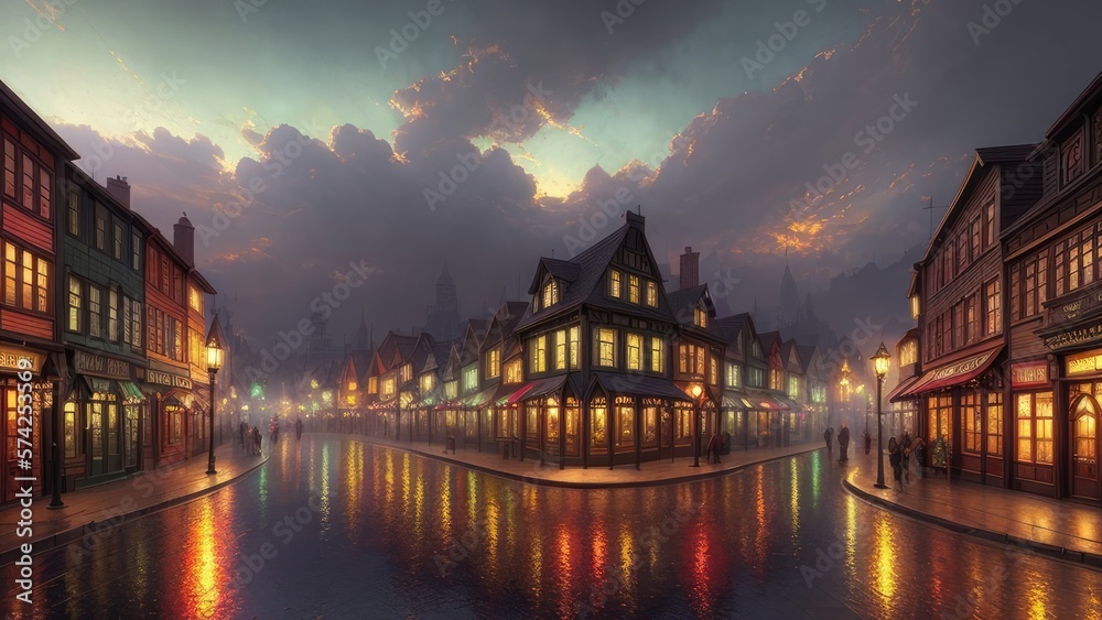 Obraz premium An illustration of an evening European city, with wet streets and canals. With colorful patterns.