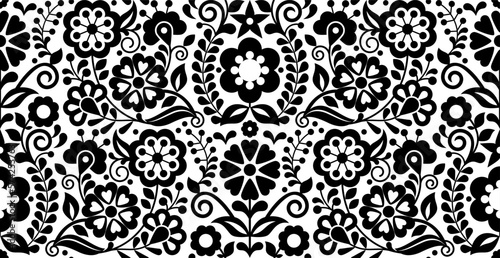 Mexican traditional vector seamless pattern with flowers, leaves and swirls in black and white
 