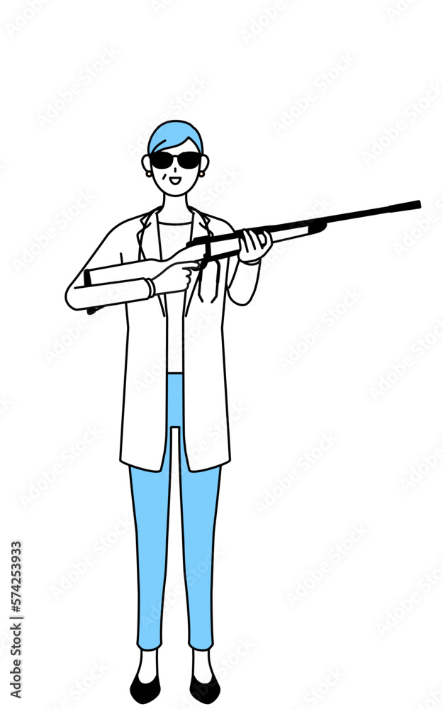 サングラスをかけてライフル銃を持つ聴診器をかけた白衣の女性医師、シニア・中高年のベテラン医師