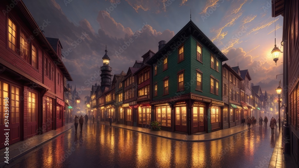 Obraz premium An illustration of an evening European city, with wet streets and canals. With colorful patterns.