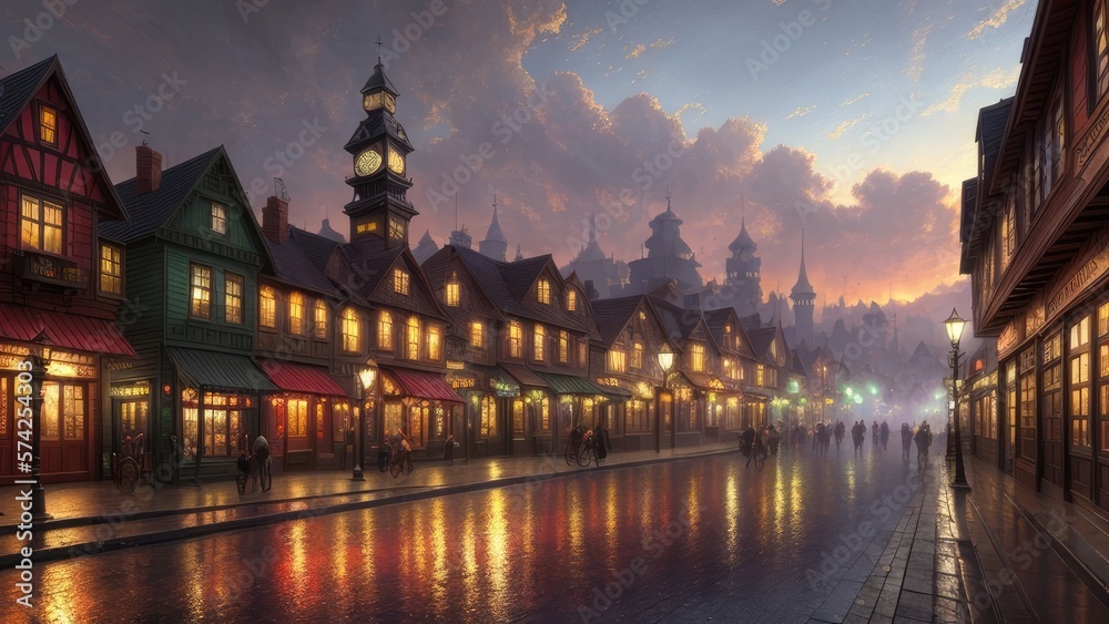 Obraz premium An illustration of an evening European city, with wet streets and canals. With colorful patterns.