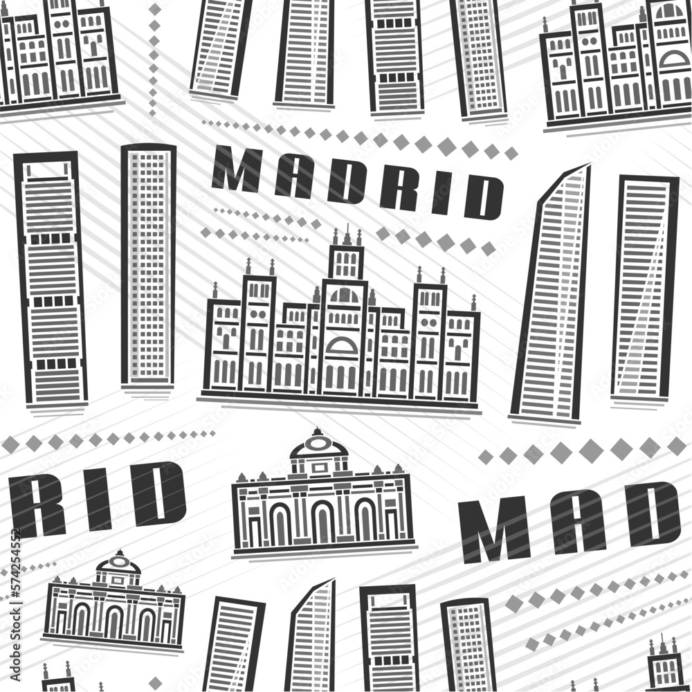 Vector Madrid Seamless Pattern, square repeat background with illustration of european madrid city scape on white background for wrapping paper, monochrome line art urban poster with dark text madrid