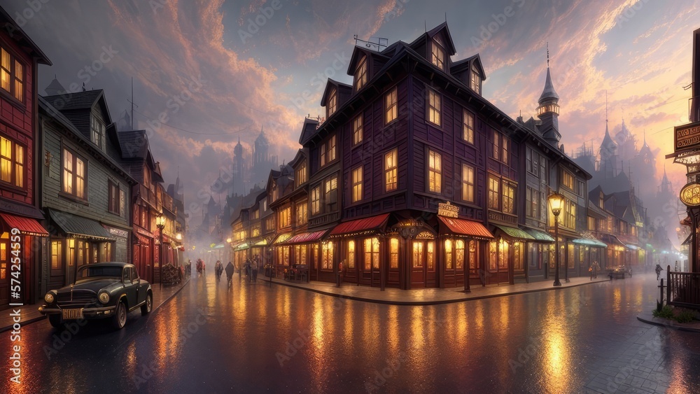 Fototapeta premium An illustration of an evening European city, with wet streets and canals. With colorful patterns.