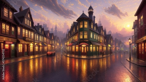 An illustration of an evening European city, with wet streets and canals. With colorful patterns.