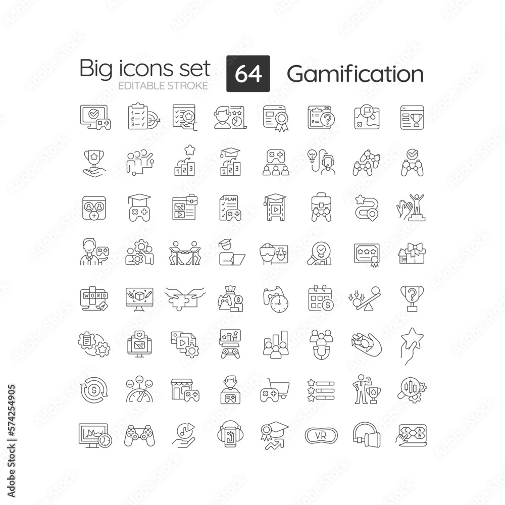 Gamification linear icons set. Improve users motivation via game playing. Digital technology. Customizable thin line symbols. Isolated vector outline illustrations. Editable stroke