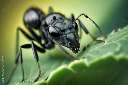 A black ant resting on green leaf. Portrait, macro, closeup of a large black ant. Close up of the black ant on the green leaf in forrest. generative ai   © BlazingDesigns