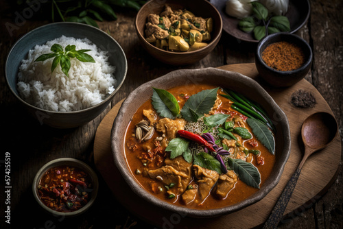 illustration of close-up Thai cuisine popular dish, Massaman curry chicken.