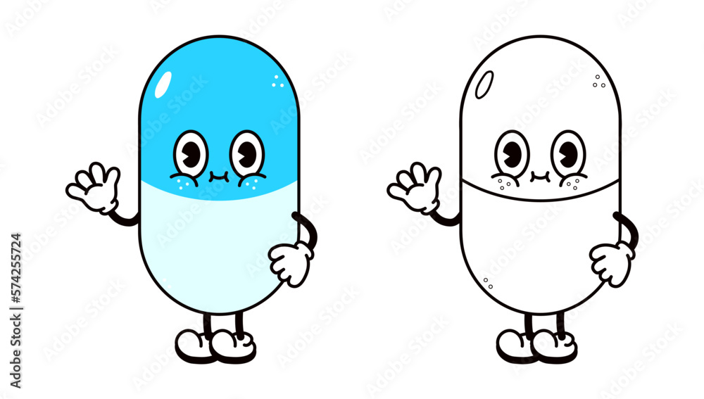 Cute funny pill waving hand character outline cartoon illustration for coloring book. Vector pill hand drawn traditional cartoon vintage, retro, character. Isolated white background Cute funny pill waving hand character outline cartoon illustration for coloring book. Vector pill hand drawn traditional cartoon vintage, retro, character. Isolated white background