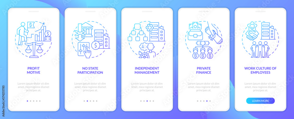 Private sector features blue gradient onboarding mobile app screen. Business walkthrough 5 steps graphic instructions with linear concepts. UI, UX, GUI template. Myriad Pro-Bold, Regular fonts used