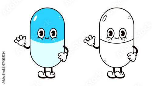 Cute funny pill waving hand character outline cartoon illustration for coloring book. Vector pill hand drawn traditional cartoon vintage, retro, character. Isolated white background