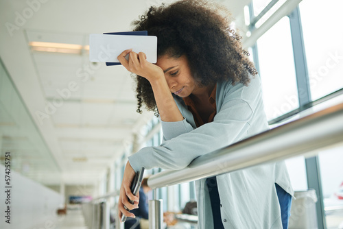Photography Travel, stress and black woman at airport with headache, issue and flight delay, frustrated and angry