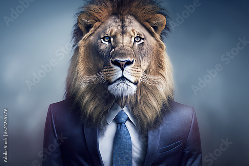Business portrait male lion in business suit against the background of buildings in the bokeh  the energy of a leader and leader  strength and confidence  the animal. Generative AI