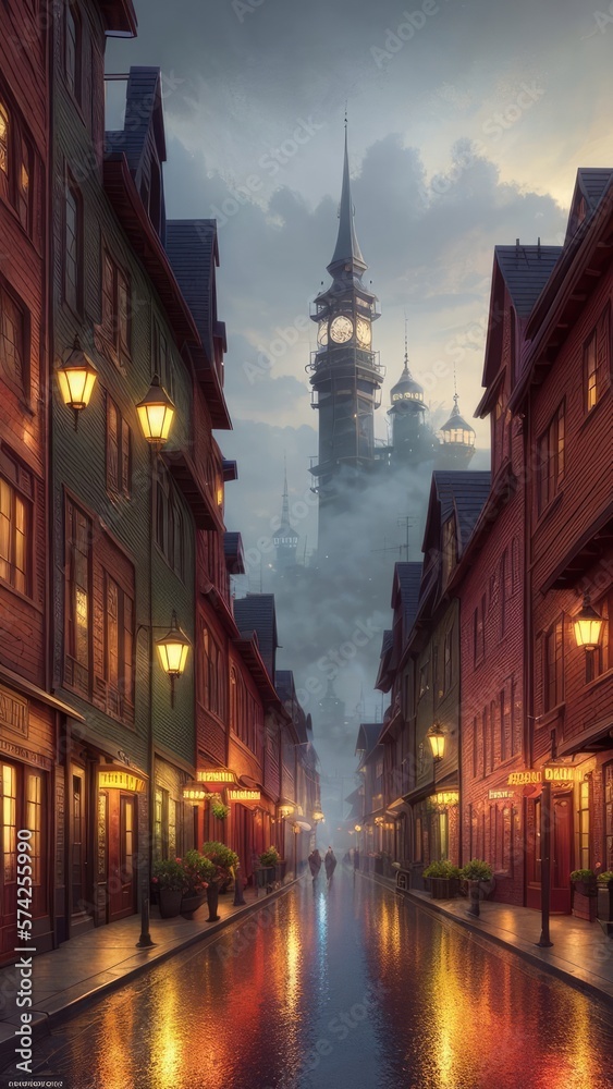 Naklejka premium An illustration of an evening European city, with wet streets and canals. With colorful patterns.