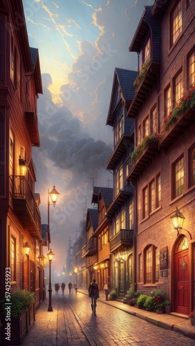 An illustration of an evening European city  with wet streets and canals. With colorful patterns.