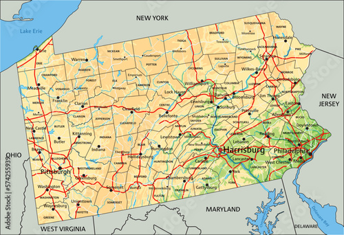 High detailed Pennsylvania physical map with labeling.