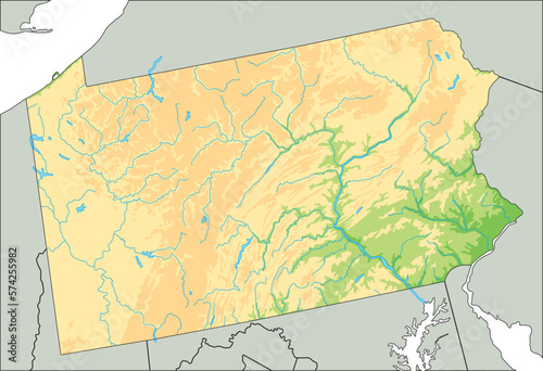 High detailed Pennsylvania physical map.