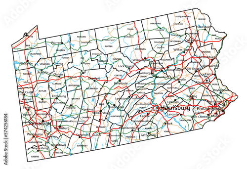 Pennsylvania road and highway map. Vector illustration.