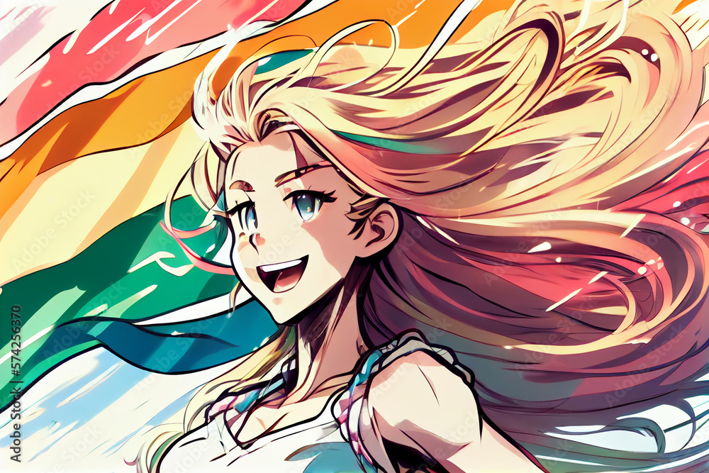 Beautiful anime woman smiling and the wind is blowing through her hair. Colorful international womens day or LGBT Pride day banner. Generative ai Beautiful anime woman smiling and the wind is blowing through her hair. Colorful international womens day or LGBT Pride day banner. Generative ai