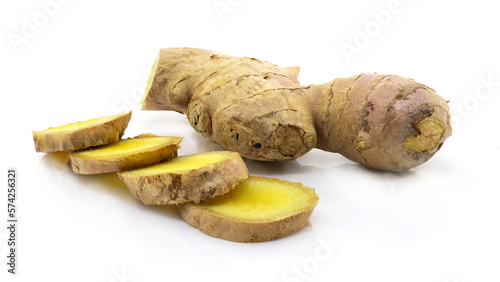 Ginger root and sliced ginger on white isolated background. Full depth of clarity