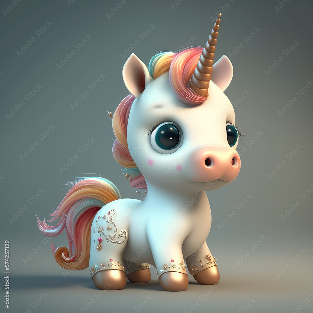 Cute baby unicorn 3d character with rainbow hair. Cartoon pet with big eyes, 3d render generative ai illustration. Cartoon little pony illustration.