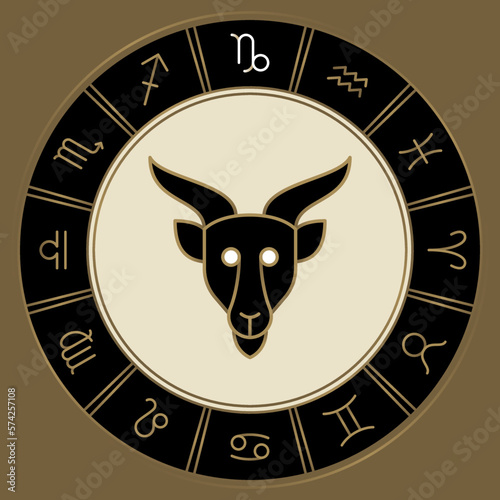 CAPRICORN zodiac horoscope astrology label with element, planet icon glyph. Thin line sign symbol art design vector illustration