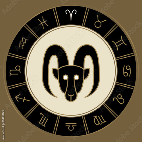 ARIES zodiac horoscope astrology label with element, planet icon glyph. Thin line sign symbol art design vector illustration
