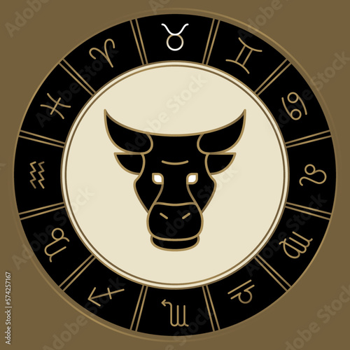 TAURUS zodiac horoscope astrology label with element, planet icon glyph. Thin line sign symbol art design vector illustration