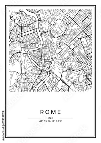 Black and white printable Rome city map, poster design, vector illistration.
