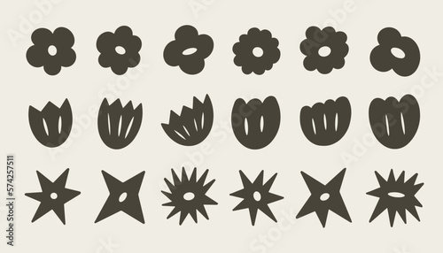 Various abstract flowers elements on plain background. Simple shapes, daisy, tulip, stars.