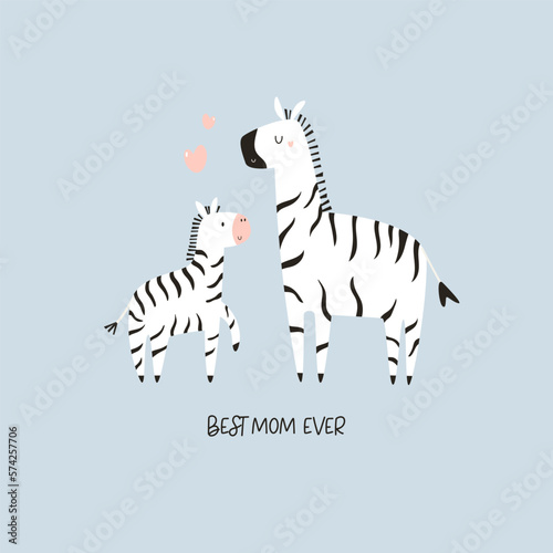 Vector illustration of cute young zebra and his mom. Adorable print with animals for kids in a modern flat style.