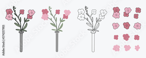 Set of pink flower in vase on plain background. Flower blossom, sakura, leaves, vase, simple flower shape.