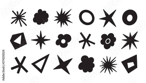 Various abstract elements in black, on transparent background. Stars, circle, cloud, shapes.