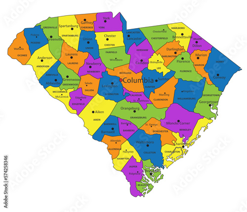 Colorful South Carolina political map with clearly labeled, separated layers. Vector illustration.