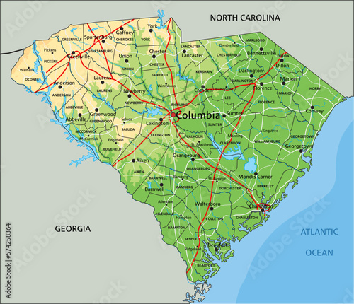 High detailed South Carolina physical map with labeling.