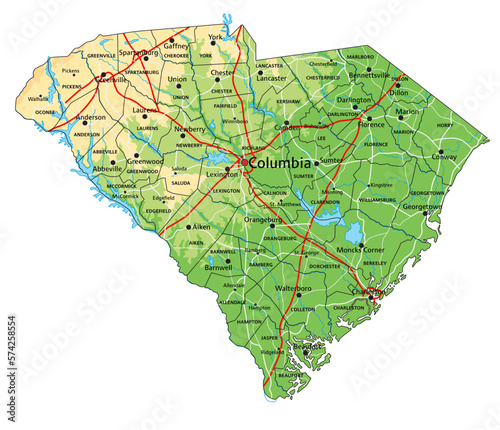 High detailed South Carolina physical map with labeling.