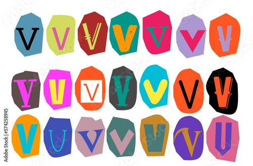 Alphabet V - vector cut newspaper and magazine letters, paper style ransom note letter