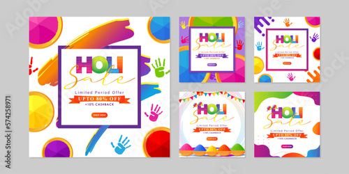Vector illustration of Happy Holi Sale social media story feed set mockup template