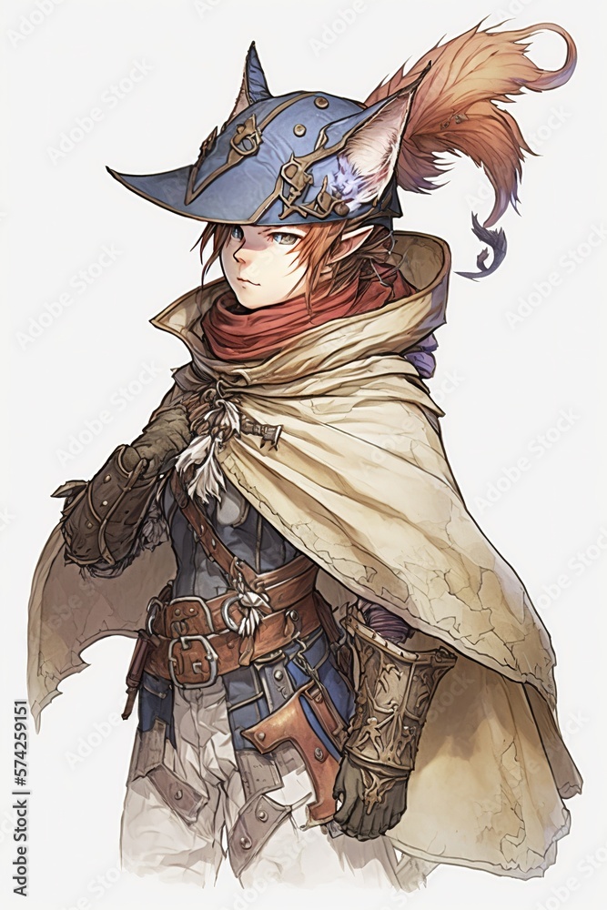 Obraz premium Fit Male Miqote Duelist: Watercolor Illustration with Cape and Feathered Hat