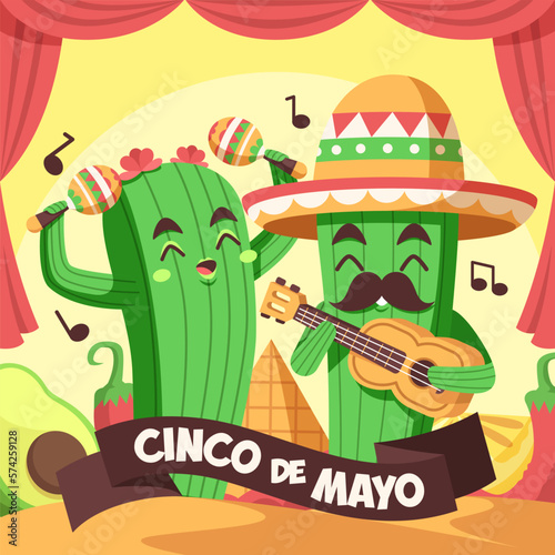 Cinco de mayo celebration with cactus character playing guitar and maracas © vectornation