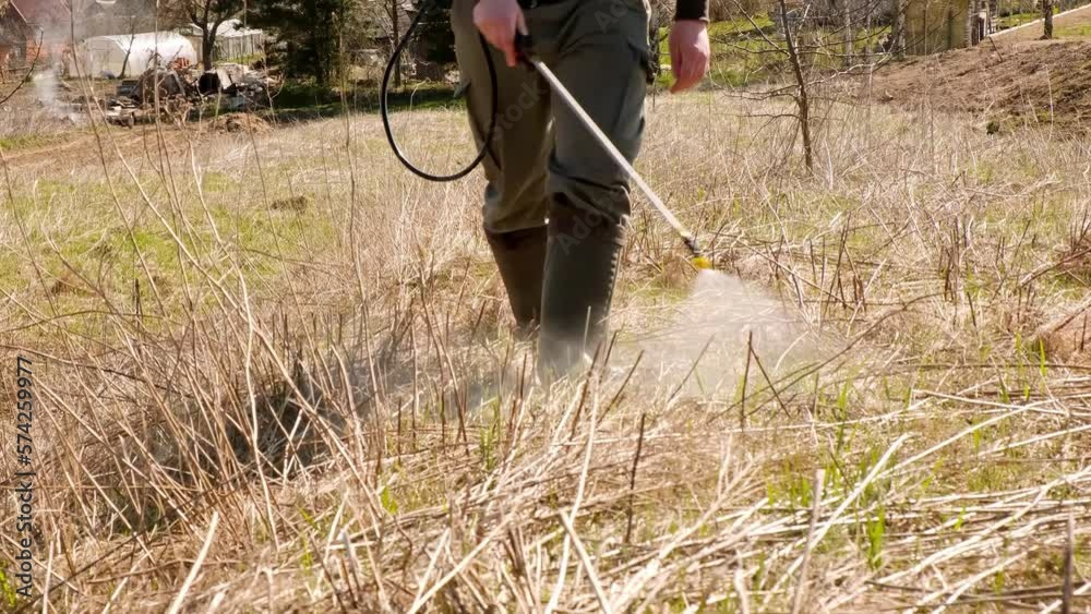 Farmer spraying pesticides and protects field from weeds and tick. Man ...