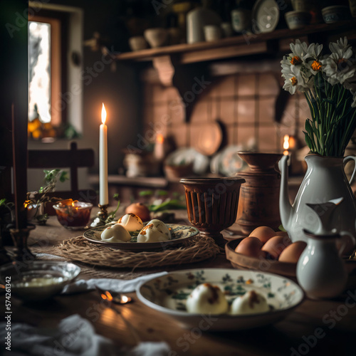 Atmospheric illustration of a festive table for Easter, generative ai