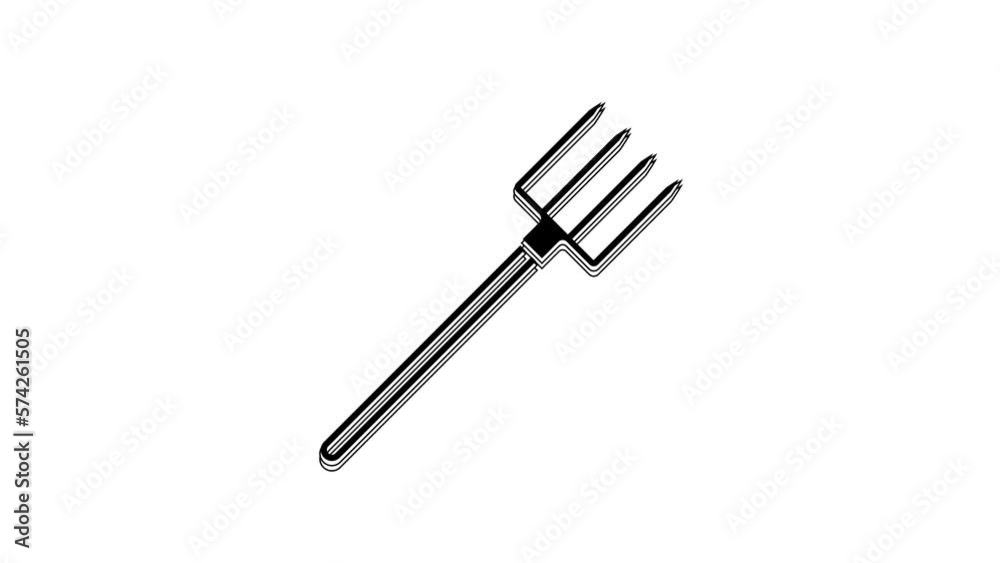 Black Garden pitchfork icon isolated on white background. Garden fork sign. Tool for horticulture, agriculture, farming. 4K Video motion graphic animation Black Garden pitchfork icon isolated on white background. Garden fork sign. Tool for horticulture, agriculture, farming. 4K Video motion graphic animation