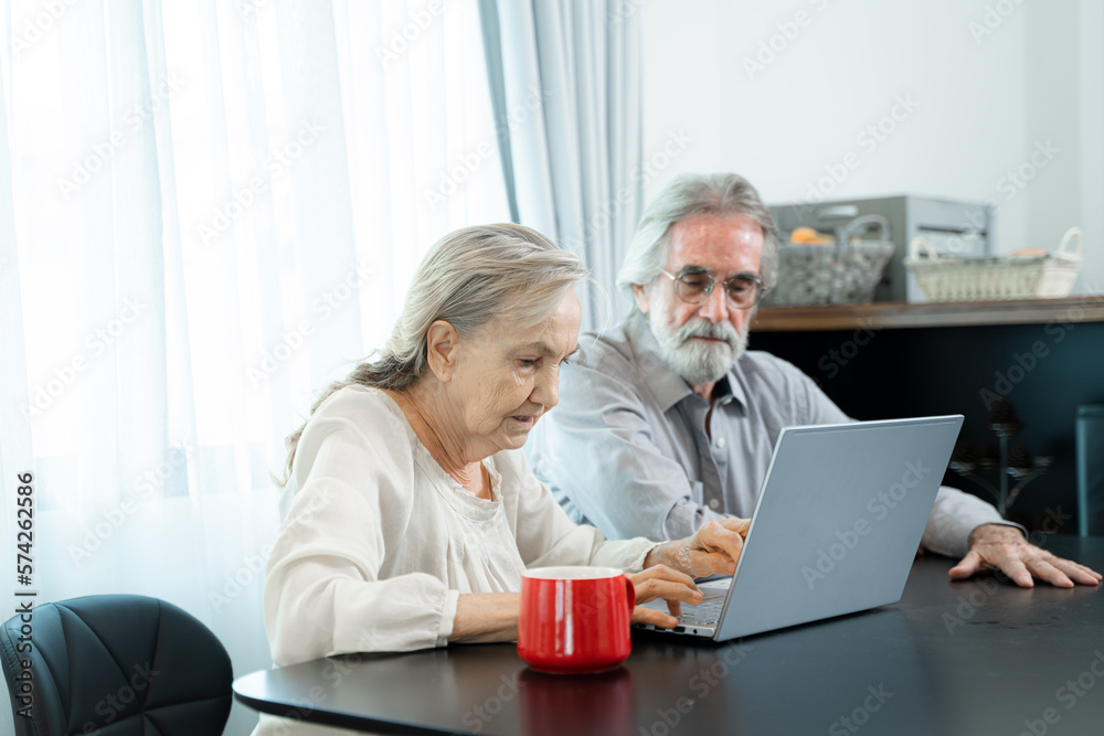Retired old Asian male and his wife hand use Asian senior couple working and check data information with laptop on table in living room at home.
