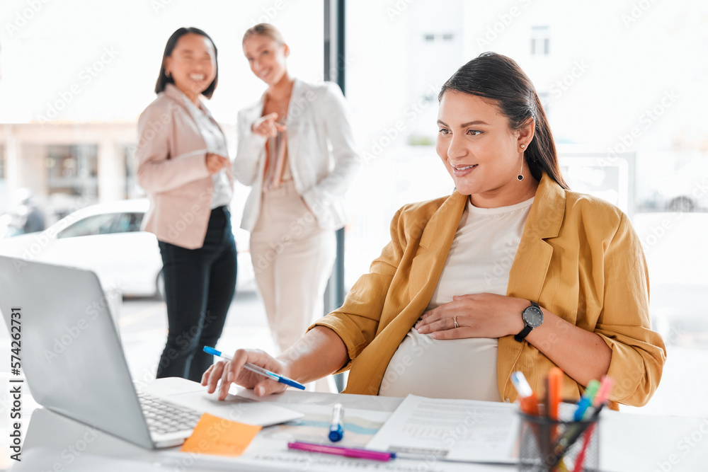 Gossip, pregnancy shame or business people pointing at pregnant woman in office working on