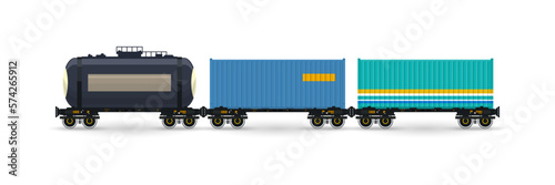 Railway freight wagons, car the tank for transportation of liquid and loose freights, oil, the liquefied gas, milk, cement, flour, water, container platforms for transportation of containers by rail
