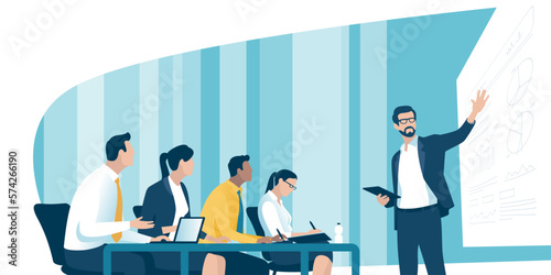 Presentation, education, learning business illustration. The team listens to the lecturer.
