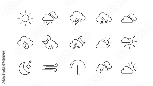 Weather icons. Weather forecast icon set. Clouds logo. Weather , clouds, sunny day, moon, snowflakes, wind, sun day. Vector illustration.