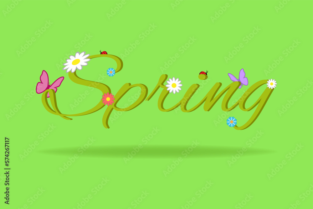Spring word, flowers and butterfly vector