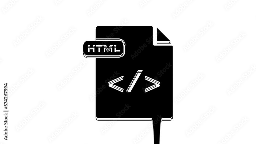 Black HTML file document. Download html button icon isolated on white background. HTML file symbol. Markup language symbol. 4K Video motion graphic animation Black HTML file document. Download html button icon isolated on white background. HTML file symbol. Markup language symbol. 4K Video motion graphic animation